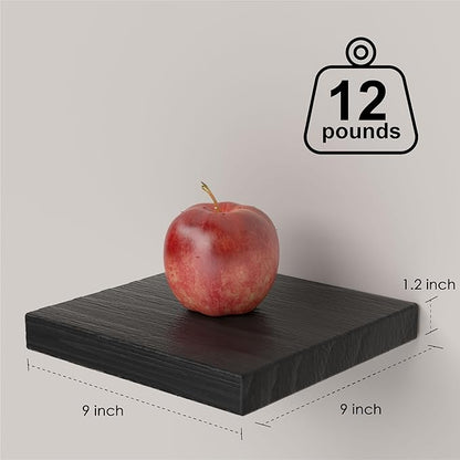 Small Floating Shelves for Wall - 9 Inch Square Black Shelves for Bedroom, Living Room, Bathroom, Kitchen, Office Decor Set of 3