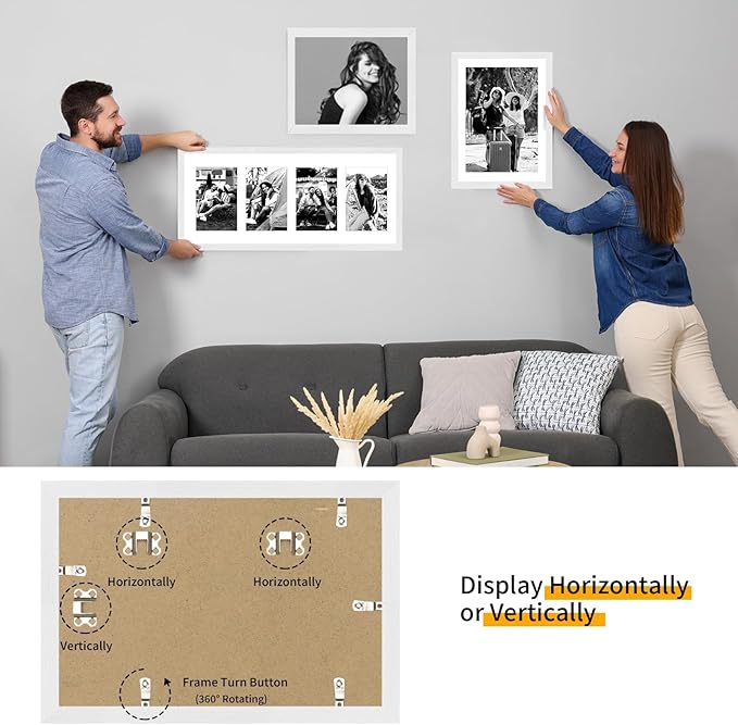 puthiac 9x12 Solid Oak Wood Picture Frame, Fits 6x8 with Mat or 9x12 Without Mat, Wall or Tabletop Display with Stand, Vertical or Horizontal, Plexi Front, 3 Pack, White