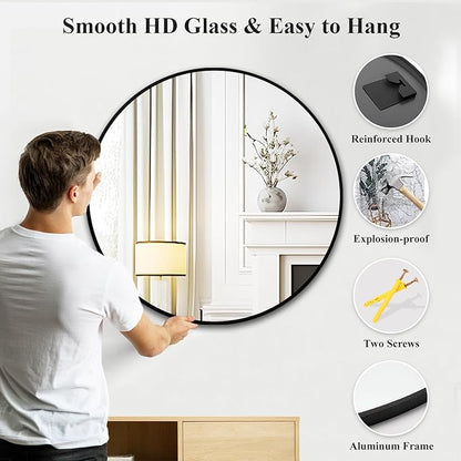 Fabuday Black Round Mirror 32 Inch for Bathroom - Large Wall Circle Mirror for Living Room, Entryway, Bedroom, Hallyway Big Circular Mirror with Matte Frame