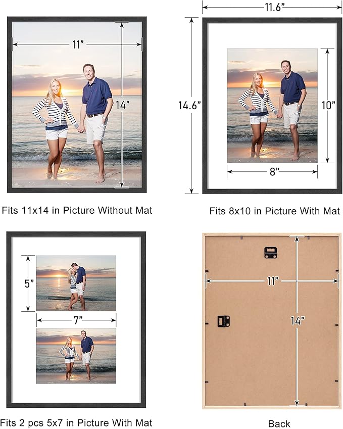 11x14 Picture Frame, Black Wood Photo Frame 8x10 with Mat or 5x7 with 2 Mat with Perspex Glass for Vertical or Horizontal Tabletop Wall Display for Photos, Birthday Christmas Gift, Set of 4