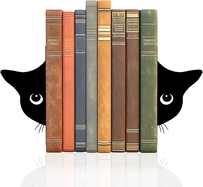 Bookends Metal Cat Book Ends, 1 Pairs Cute Bookends for Shelves Decorative for Home Office Desk Bookshelf Decor (Black, Half-face)