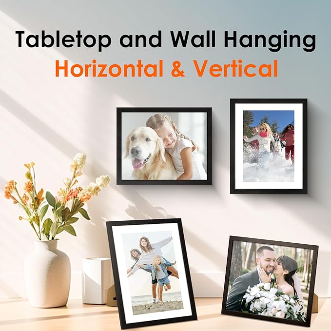 FIXSMITH 8x10 Picture Frame Set of 4, Photo Frame with HD Plexiglass, Display Pictures 5x7 with Mat or 8x10 Without Mat Multi Picture Frames Collage for Tabletop or Wall Display, Black