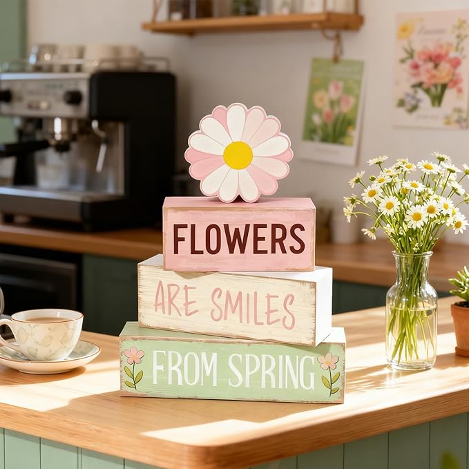 Spring Decoration Wooden Tiered Tray Decor – Daisy Flower Spring Stacked Block Sign – Farmhouse Tabletop Floral Spring Decor for Shelf Mantel Seasonal Home Display