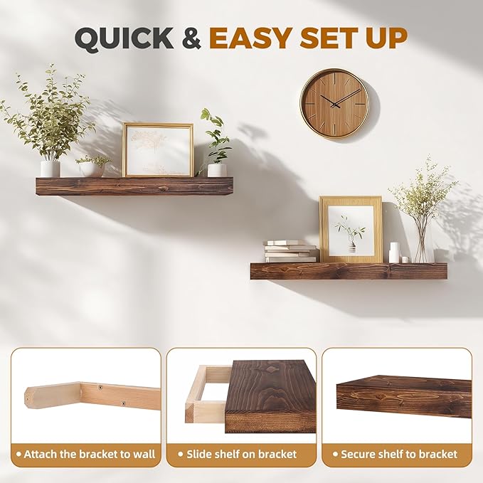 24x6.8x2 Inch Rustic Floating Shelves for Wall Set of 2 - Brown Solid Wood Wall Mounted Shelves with Invisible Bracket, Extended Design for Farmhouse Living Room Bedroom Kitchen Decor