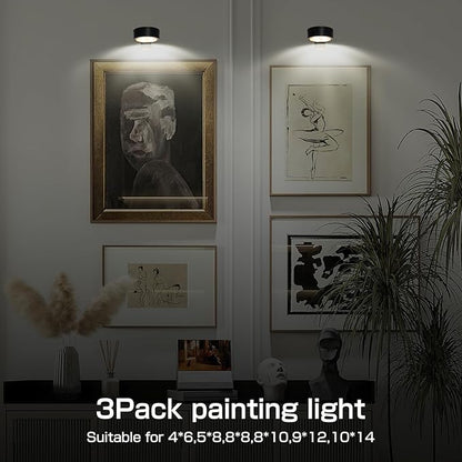 2-Pack Picture Light for Paintings Battery Operated Art Light with Remotes,3 Lighting Display Light,Magnetic Dimmable and Timer Wall Light for Picture Artworking Frame Portrait,LED Puck Lights-Black