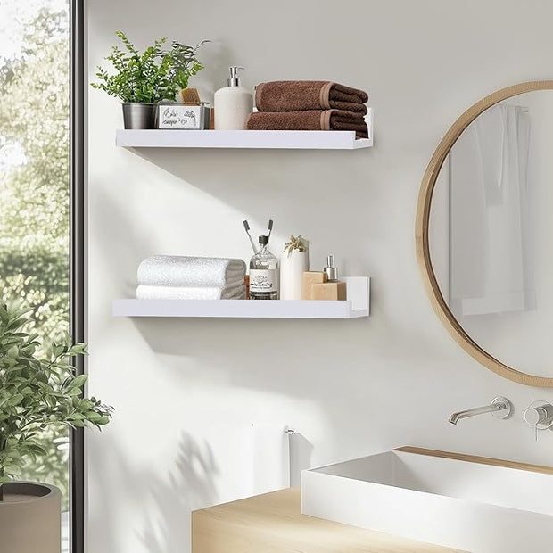 Muzilife 35.4" Large Floating Wall Ledge Shelves with Lip - Set of 2 Wood Floating Shelves - White Wall Mounted Picture Ledge for Office, Bathroom, Bedroom, Living Room, Kitchen