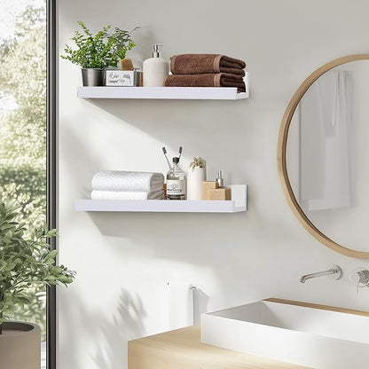 Muzilife 45.3" Large Floating Wall Ledge Shelves with Lip - Set of 2 Wood Floating Shelves - White Wall Mounted Picture Ledge for Office, Bathroom, Bedroom, Living Room, Kitchen
