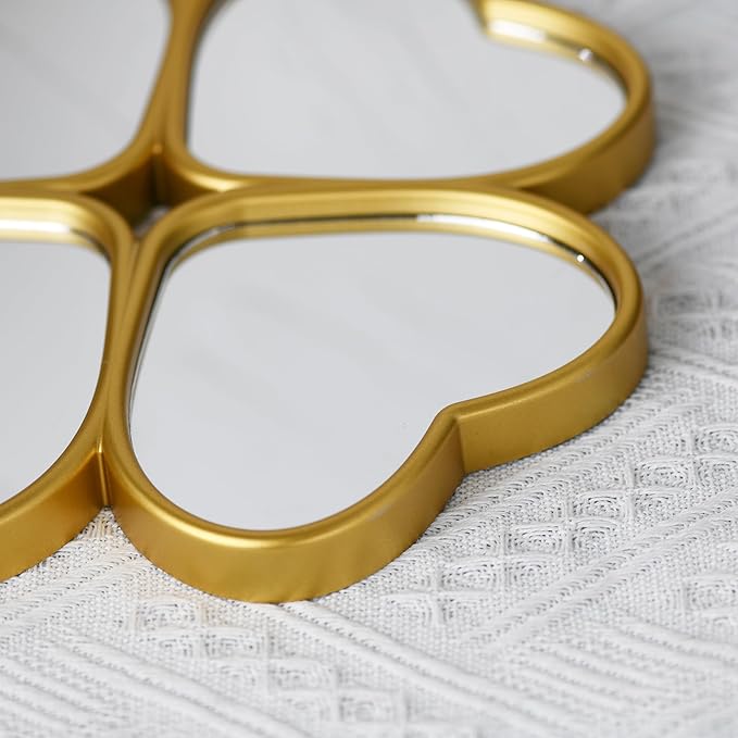 Small Decoritive Heart Wall Mirrors Set of 3, Decorative Four-Leaf Clover Mirror (Gold)