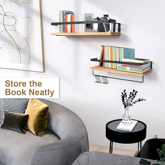AGM Floating Shelves, 16.5 Inch Bathroom Shelf Set of 2, Wall Storage Shelf with Towel Bar & 8 Hooks, Wall Mounted Shelves for Bathroom, Bedroom, Kitchen, Living Room Decor