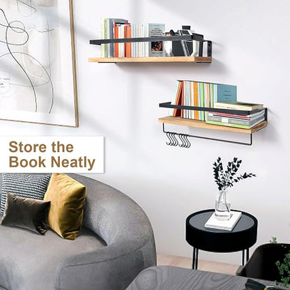 AGM Floating Shelves, 16.5 Inch Bathroom Shelf Set of 2, Wall Storage Shelf with Towel Bar & 8 Hooks, Wall Mounted Shelves for Bathroom, Bedroom, Kitchen, Living Room Decor