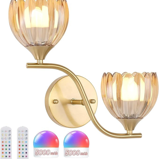 Battery Operated Wall Sconce, 2-Lights Vinatge Brass Wall Lighting with Amber Tluip Shade Rechargeable Bulb with Remote for Living Room, Bedroom