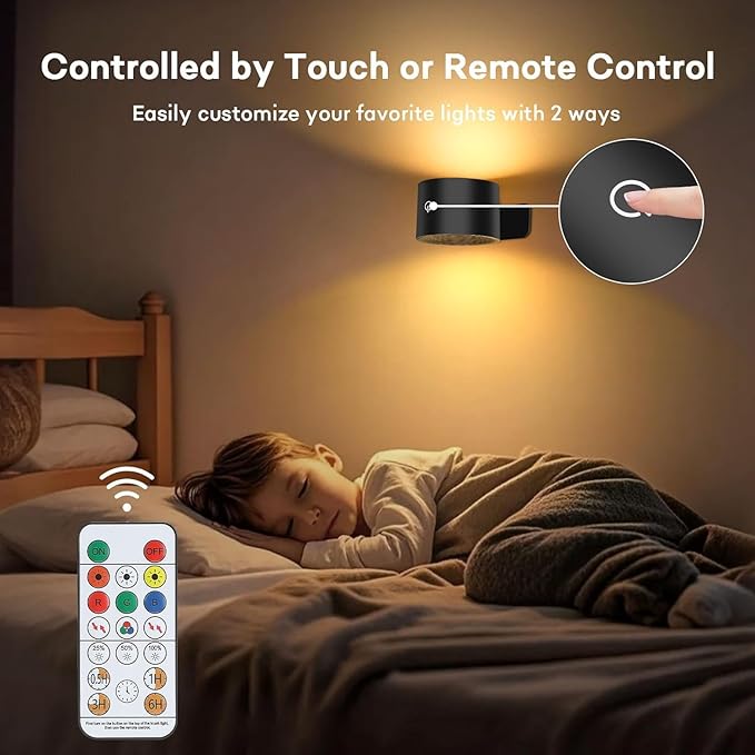 Lightess Battery Operated Wall Sconce Set of 2, 5000mAh Rechargeable Wall Sconce with Remote, 19 Colors Dimmable Wall Mounted Lamp, Wall Lights for Bedroom Living Room, Black