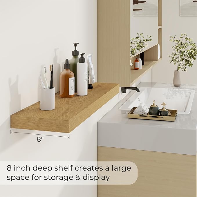 Dreamland 30 Inches Floating Shelves for Wall, 8 Inch Deep Floating Shelves Set of 2, Large Display & Storage Shelf, Wall Shelf for Bathroom Bedroom Living Room Kitchen Office,Oak