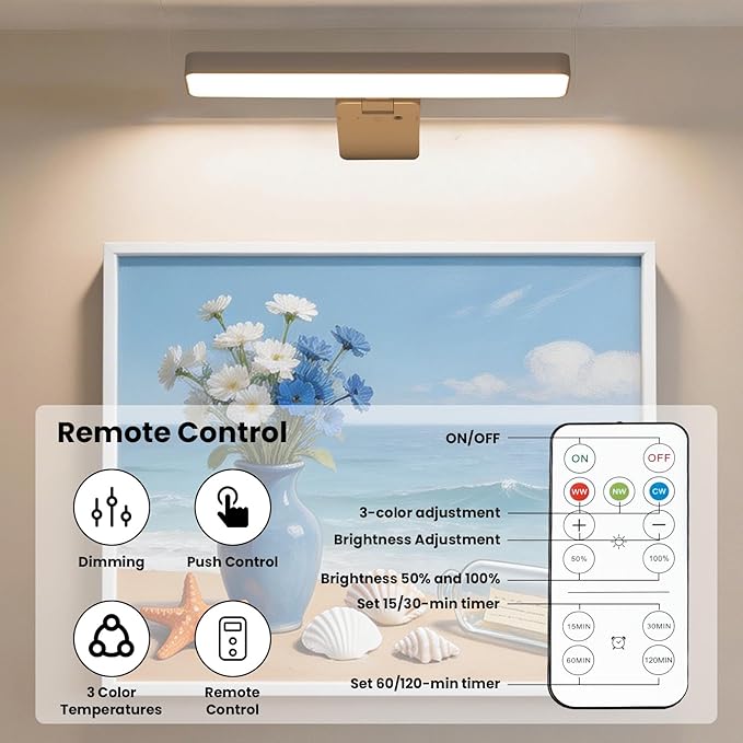 Battery Operated Picture Lights for Wall, White Wireless Art Light for Paintings, Rechargeable Display Light for Picture with Remote, 3 Color Poster Lights for Frame Portraits Wall Decor (2 Pack)