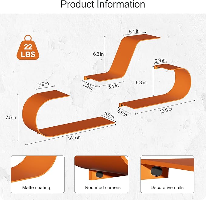 Orange Floating Shelves Set of 3, Orange Metal Decor, Unique Mounted Floating Shelf, Modern Long Wall Shelf, Large Wall Shelves for Bedroom, Bathroom, Living Room
