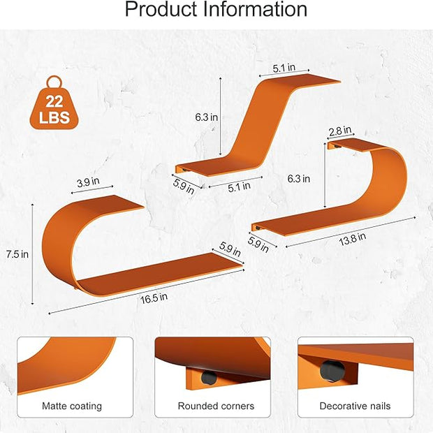 Orange Floating Shelves Set of 3, Orange Metal Decor, Unique Mounted Floating Shelf, Modern Long Wall Shelf, Large Wall Shelves for Bedroom, Bathroom, Living Room