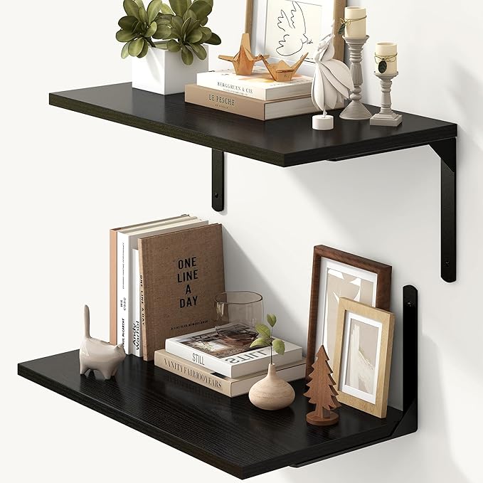 Fun Memories Floating Shelves for Wall, 12 Inch Deep Floating Shelves Set of 2, Wall Mounted Shelf with Metal Brackets, Rustic Wood Wide Shelf for Bathroom, Kitchen and Living Room, Black, 24W x 12D
