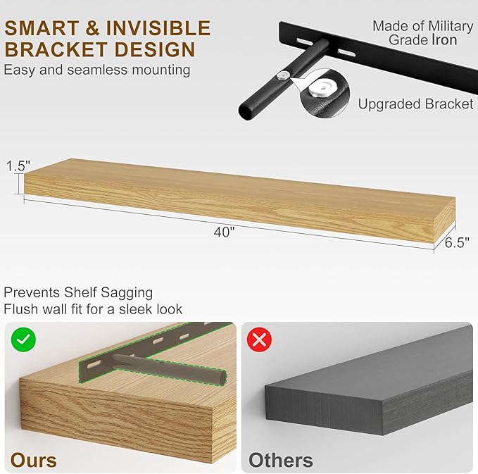 Fun Memories Floating Shelves for Wall, 40Inch Floating Shelves Set of 2, Hanging Shelf with Invisible Brackets, Wood Shelves for Living Room, Bedroom, Kitchen, Oak