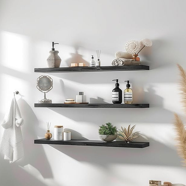 PHPH 36 Inch Wood Floating Shelves for Wall, Wooden Wall Shelves for Bedroom, Set of 4 Black