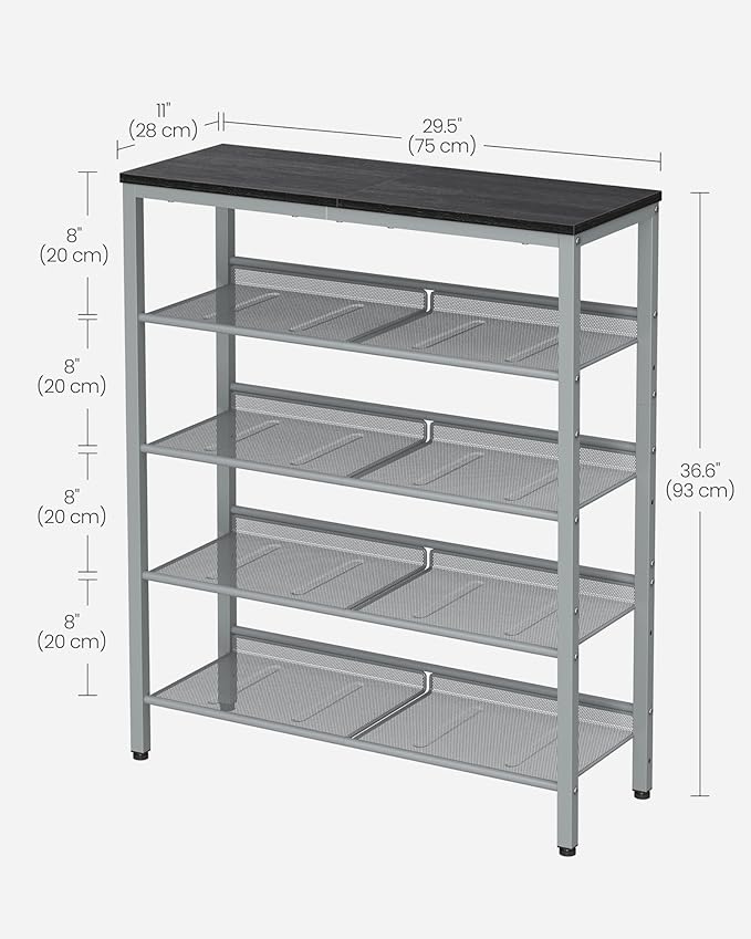 VASAGLE Shoe Rack for Entryway, 5-Tier Shoe Rack Organizer with Storage Shelves and Spacious Top, Freestanding, Adjustable, Industrial, Charcoal Grey and Metallic Silver ULBS038E22