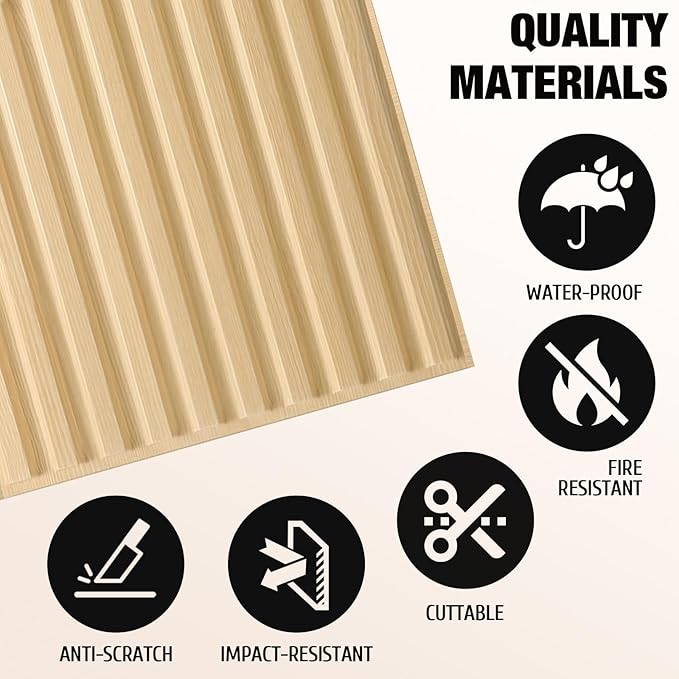 Qidejoy 33 Pcs 3D PVC Slat Wall Panels 12X12in Fluted Textured Paneling Modern Decorative Tiles Cuttable Paintable DIY Wall Art for Interior Decor, Bedroom, Farmhouse, Ceiling, TV Background (Oak)