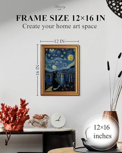 HUARCEY Gold Framed Canvas Wall Art, Van Gogh Cat Vintage Decor, Bathroom Shelf Vintage Decor Aesthetic, Retro Decoration for Bathroom Bedroom Living Room, 12x16Inch