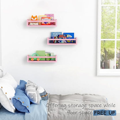 Pink Nursery Floating Shelves for Wall Set of 3, Baby Girls Room Wall Book Shelves for Kids Bedroom, Corner Bookshelf for Toddler Children Bathroom Decor and Toys Organizers and Storage