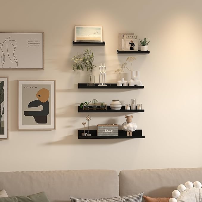 Giftgarden 24 Inch Wall Mounted Floating Shelves Set of 5, Black Wood Wall Shelves for Bathroom, Bedroom, Kitchen, Living Room Storage, Wooden Picture Ledge