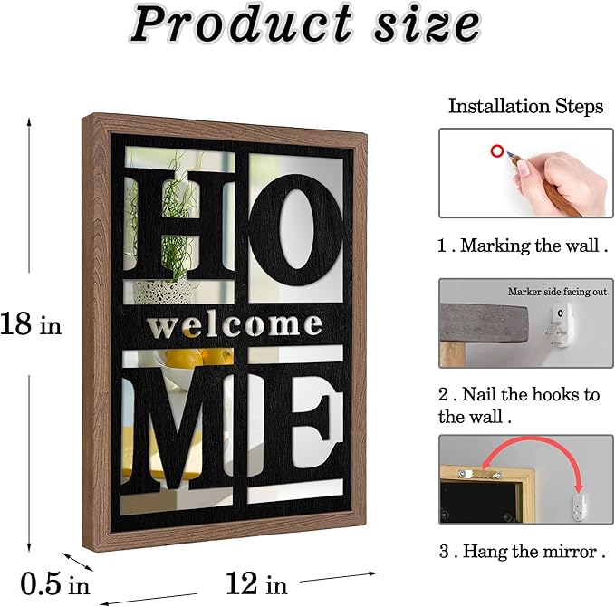 Welcome Home Signs Wall Decor, Wooden Rustic Farmhouse Square Wall Mirror，Accent Mirror for Living Room, Bedroom, Entryway 18”x12”