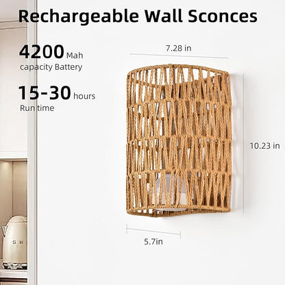 Battery Operated Wall Sconce Set of Two, Rattan Rechargeable Wall Sconces Set of 2, Boho Battery Wall Lights with Remote, Wall lamp for Bedroom,Living Room, Entryway 15 Colors Dimmable