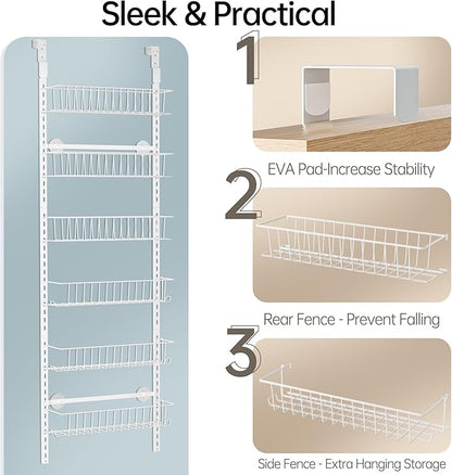 Delamu Adjustable Cabinet Door Organizer, 6-Tier Hanging Spice Rack Organizer, Metal Over the Door Pantry Organizer, Pantry Organizers and Storage Shelves for Kitchen Bathroom Laundry Room, White M