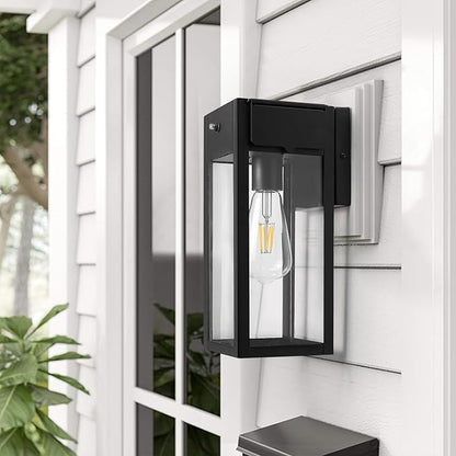 Dusk to Dawn Outdoor Light Fixtures Wall Mount, Outdoor Porch Lights with Outlet, Dusk to Dawn Outdoor Lighting for Doorway, Garage- Black