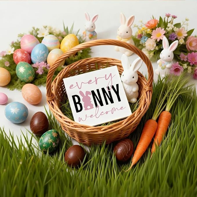 Easter Decorations for Home Every Bunny Welcome Wooden Hanging Sign, Bunny Rabbit Spring Front Door Decor, Farmhouse Rustic Porch Hanger for Indoor Outdoor Holiday Decor