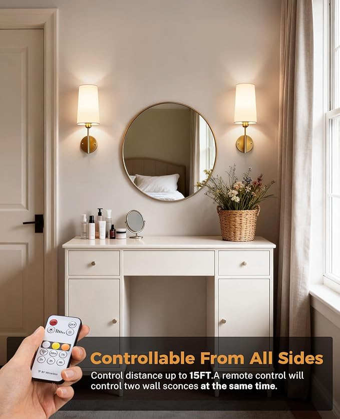 Battery Operated Wall Sconce Set of Two, Gold Rechargeable Wall Sconce, 13000mAh Wireless Wall Sconce with Remote, No Wire Dimmable Wall Lamp/Light for Bedroom,Living Room