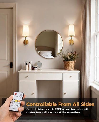 Battery Operated Wall Sconce Set of Two, Gold Rechargeable Wall Sconce, 13000mAh Wireless Wall Sconce with Remote, No Wire Dimmable Wall Lamp/Light for Bedroom,Living Room