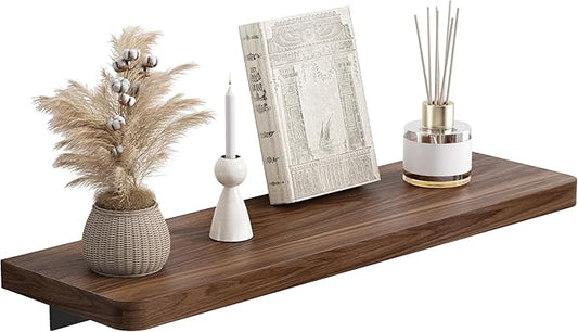 Danpoo 16 inch Solid Walnut Floating Shelf - Large, Heavy Duty Wall Shelf for Kitchen, Living Room, Bathroom, Built to Hold Books, Kitchenware, & Heavy Decor