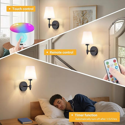 Battery Operated Wall Sconces Set of Two, Rechargeable Wireless Wall Lights with 10000mAh RGB Dimmable Detachable Bulb, Battery Sconces Wall Decor with Remote for Bedroom Living Room Hallway
