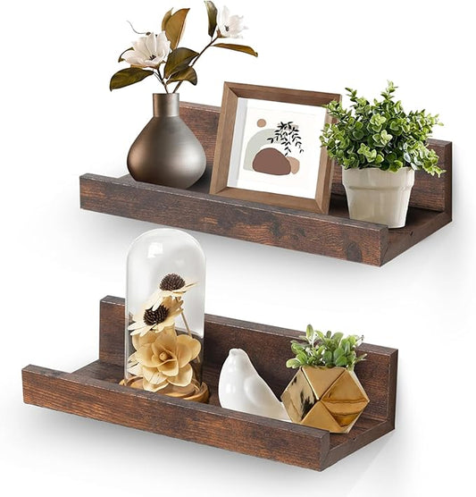 Muzilife 12" Small Floating Wall Ledge Shelves with Lip - Set of 2 Wood Floating Shelves - Rustic Brown Wall Mounted Picture Ledge for Office, Bathroom, Bedroom, Living Room, Kitchen