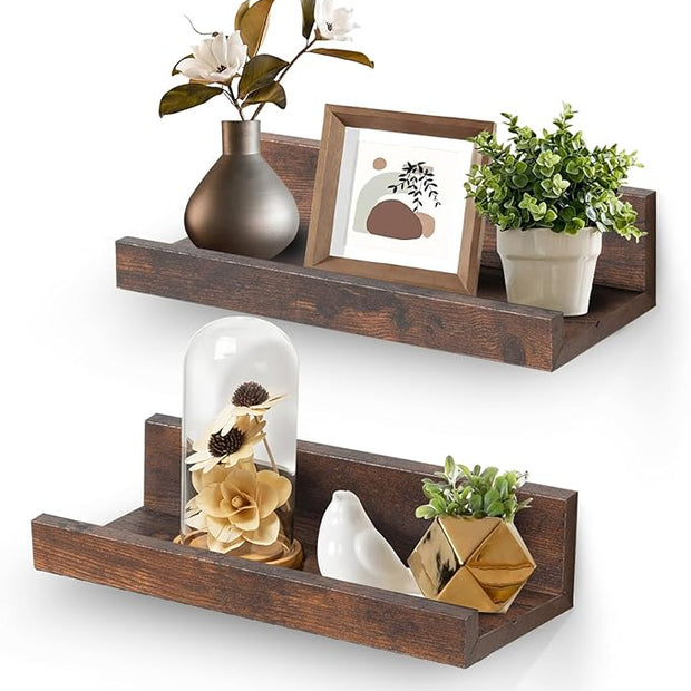 Muzilife 12" Small Floating Wall Ledge Shelves with Lip - Set of 2 Wood Floating Shelves - Rustic Brown Wall Mounted Picture Ledge for Office, Bathroom, Bedroom, Living Room, Kitchen