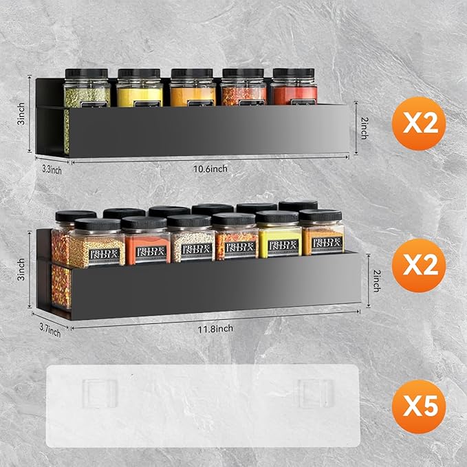 Spice Rack Wall Mount: 4 Packs Oversize Pantry Organization And Storage Rack Without Drilling - 11.8 Inch Black Large Adhesive Hanging Kitchen Spice Racks for Smooth Wall - Seasoning Rack