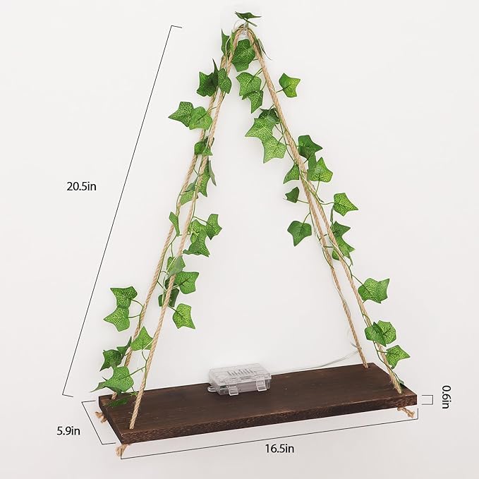 Floating Shelves for Wall, Hanging Shelves with Artificial Ivy LED String Light, No Drilling Hanging Shelf, Wood Hanging Plant Shelves for Wall Décor, Boho Decor, Art Bedroom, Set of 2