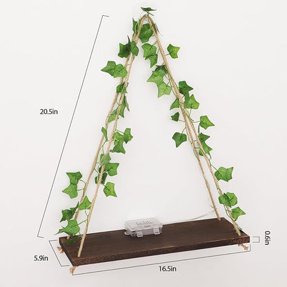 Floating Shelves for Wall, Hanging Shelves with Artificial Ivy LED String Light, No Drilling Hanging Shelf, Wood Hanging Plant Shelves for Wall Décor, Boho Decor, Art Bedroom, Set of 2