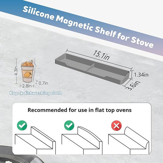 15 Inch Magnetic Silicone Stove Top Shelf,Heat Resistant Over The Stove Spice Rack for Kitchen,Space Saving Organizer Back of Stove,Includes 3 Additional Sticky Boards(Light Grey, 15''x3.8'')