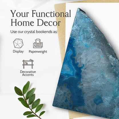 Nature's Decorations Agate Bookends - A Quality Teal Geode with Non-Skid Rubber Bumpers for Shelves, Office, Home Decor - Heavy Duty Cool Crystal Stone (3-4 LB)