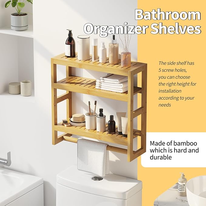 Bathroom Shelves with Hanging Bar Over Toilet Storage - Adjustable Wall Organizer (Natural)