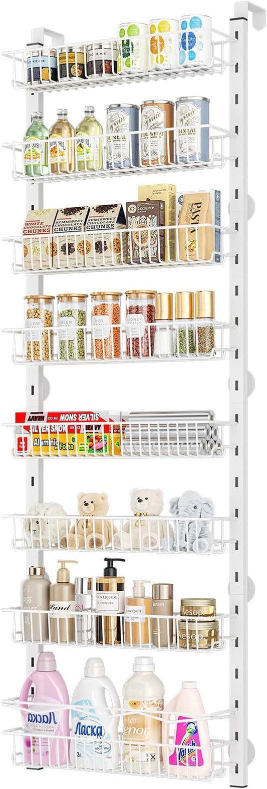 MIAOLI Over the Door Pantry Organizer, 8-Tier Adjustable Spice Rack Cabinet Door Shelves, Hanging Seasoning Organizer for Kitchen Bathroom, Laundry Room Organization, White