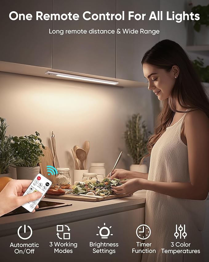 Under Cabinet Lighting Wireless, 2200mAh Rechargeable Motion Sensor Light Indoor, 3 Color Temps, Dimmable, Wireless LED Closet Lights Remote, Magnetic Under Counter Light for Kitchen, Pantry, 4 Pack
