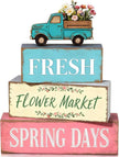 Spring Decoration Wooden Tiered Tray Decor Set – Farmhouse Spring Block Sign with Vintage Flower Truck, Fresh Flower Market Text – Rustic Tabletop Centerpiece for Living Room, Kitchen, Entryway, Shelf Display, Spring Home Decor
