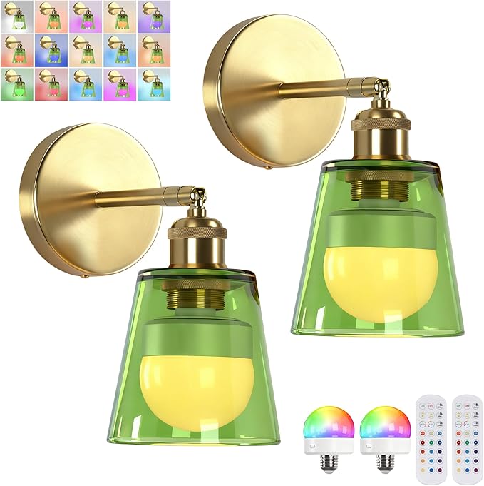 Vintage Battery Operated Wall Sconce with Green Minimalist Glass Lampshade Rechargeable Battery Powered Wall Light with Remote Control for Bedside Bedroom Bathroom, Set of 2