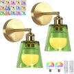 Vintage Battery Operated Wall Sconce with Green Minimalist Glass Lampshade Rechargeable Battery Powered Wall Light with Remote Control for Bedside Bedroom Bathroom, Set of 2